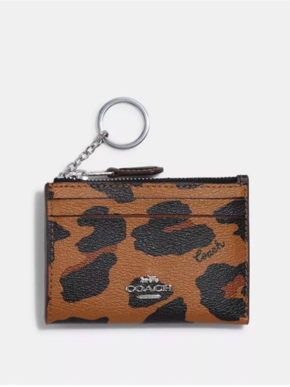 Coach Leopard-Print Brown & Black Card Case with Key Ring